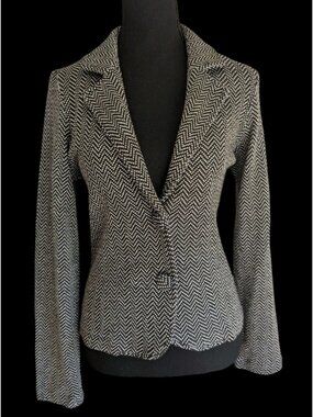 Worthington Y2K Black White Herringbone Knit Blazer Gold Thread Stretch Sz M